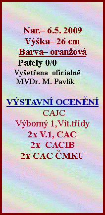 Textov� pole: Nar.� 6.5. 2009V��ka� 26 cmBarva� oran�ov�      Pately 0/0      Vy�et�ena  oficialn�      MVDr. M. Pavl�kV�STAVN� OCEN�N� CAJCV�born� 1,V�t.t��dy2x V.1, CAC  2x  CACIB2x CAC �MKU