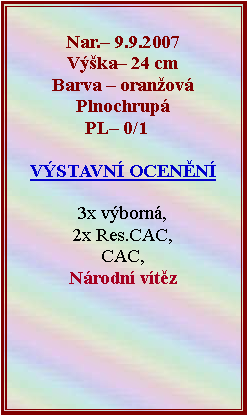 Textov pole:  Nar. 9.9.2007Vka 24 cmBarva  oranovPlnochrupPL 0/1    VSTAVN OCENN 3x vborn,2x Res.CAC,CAC,Nrodn vtz