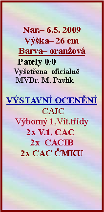Textov pole:   Nar. 6.5. 2009Vka 26 cmBarva oranov      Pately 0/0     Vyetena  oficialn      MVDr. M. Pavlk VSTAVN OCENN CAJCVborn 1,Vt.tdy2x V.1, CAC 2x  CACIB2x CAC MKU 